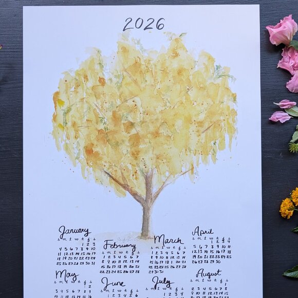 Golden Watercolor Tree 2026 Calendar Poster: Home Office Decor - Picture 3 of 6